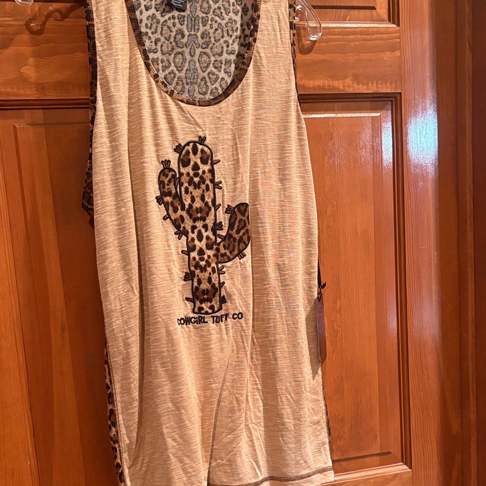 Cowgirl Tuff Leopard Cactus Tan Tank Top